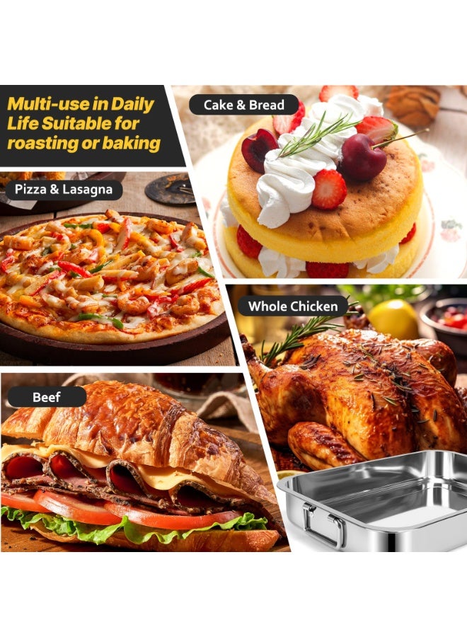 WALALLA 2 Pcs  Stainless Steel Roasting Pans with Handles, Baking Pan for Oven with 2 Pcs Flat Racks, Heavy Duty, Dishwasher Safe Rectangular Lasagna Pan with Handles for Turkey Chicken, Silver - Image 4